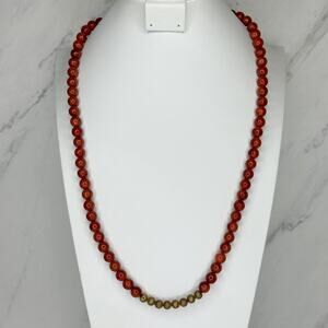 Chico's Long Red Round Bead Gold Accent Station Necklace ✨